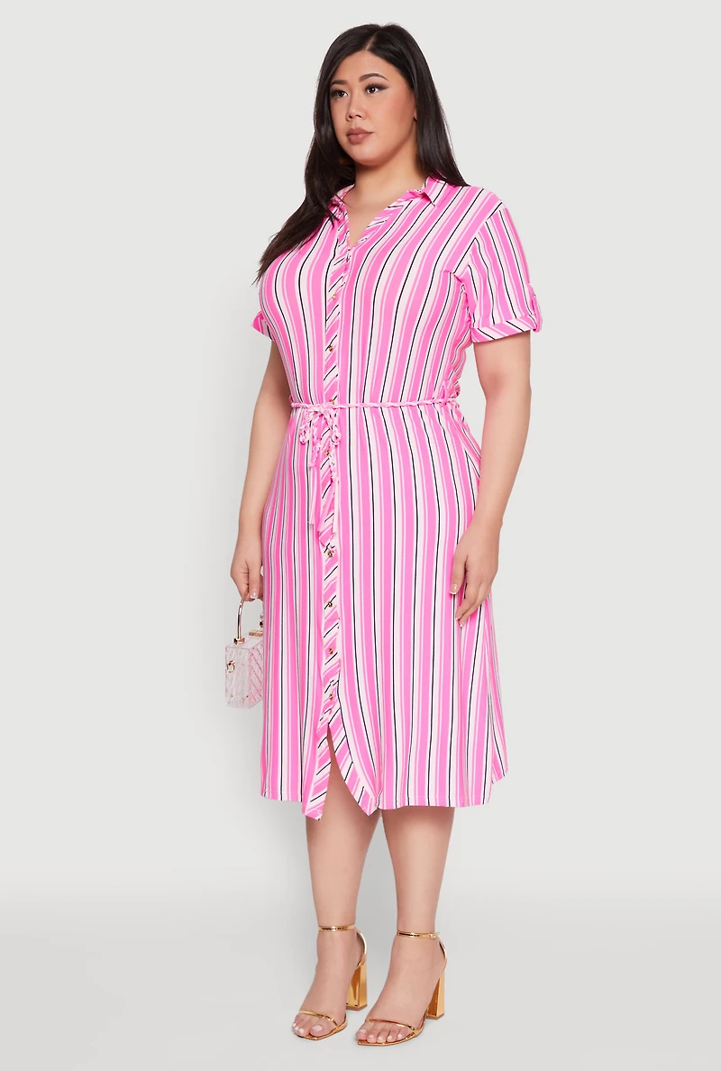 Womens Plus Size Tie Waist Belted Striped Shirt Dress, Pink, Size 3X
