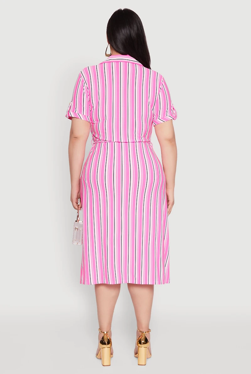 Womens Plus Size Tie Waist Belted Striped Shirt Dress, Pink, Size 3X
