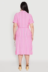 Womens Plus Size Tie Waist Belted Striped Shirt Dress, Pink, Size 3X