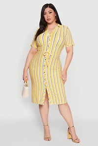 Plus Tie Waist Belted Striped Shirt Dress