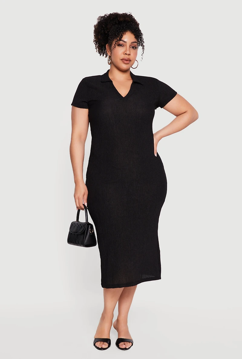 Plus Textured Knit Johnny Collar Midi Dress