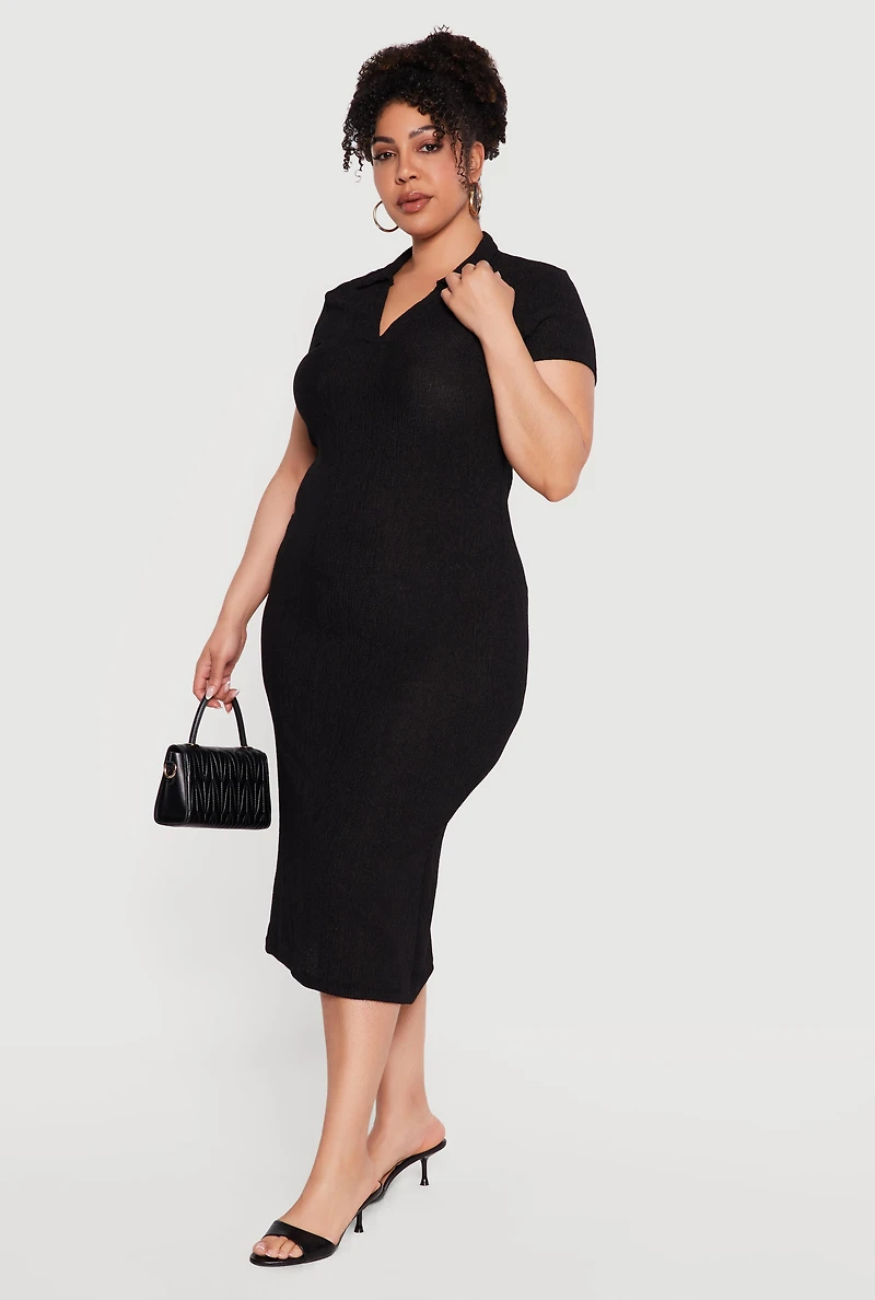 Plus Textured Knit Johnny Collar Midi Dress