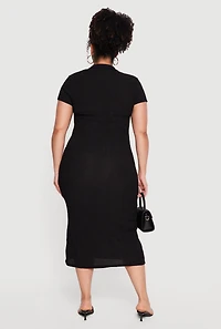 Plus Textured Knit Johnny Collar Midi Dress