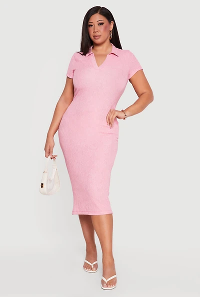Plus Textured Knit Johnny Collar Midi Dress