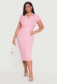 Plus Textured Knit Johnny Collar Midi Dress