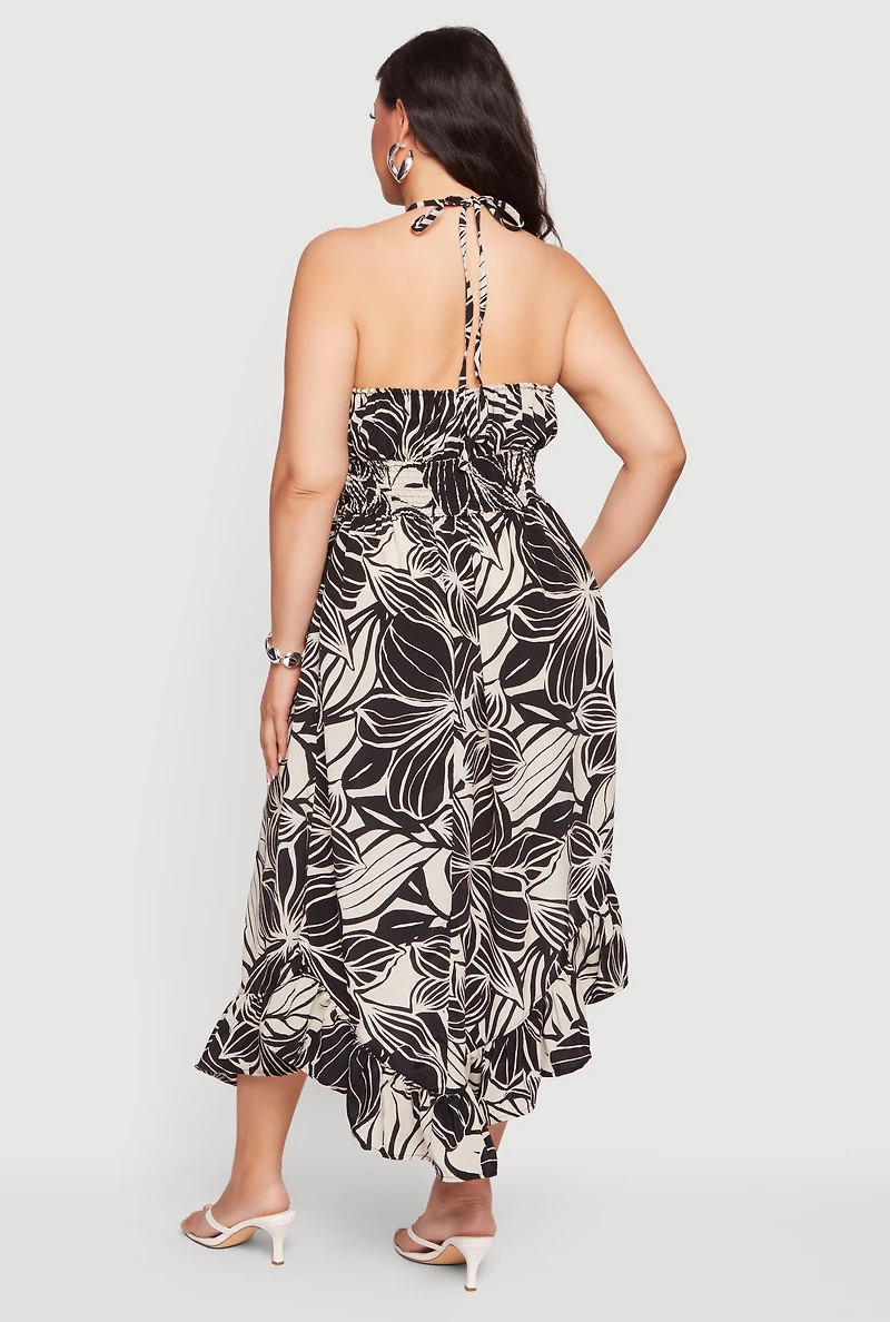 Plus Floral Asymmetrical Ruffle Trim Smocked Waist Halter Dress