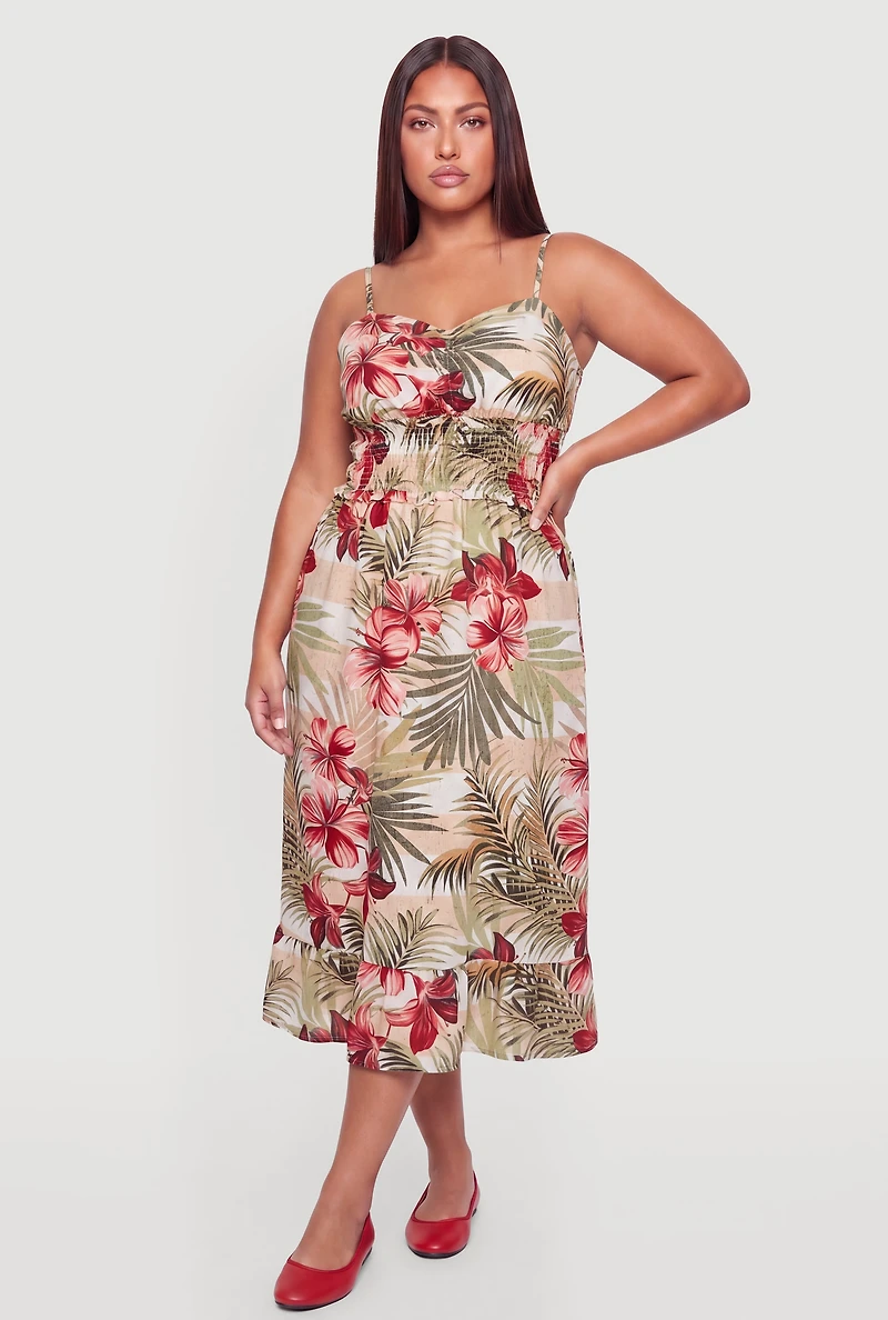 Plus Palm Leaf Floral Print Smocked Midi Dress