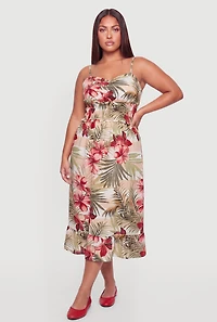 Plus Palm Leaf Floral Print Smocked Midi Dress