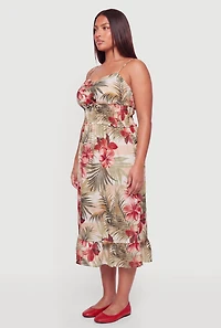 Plus Palm Leaf Floral Print Smocked Midi Dress