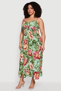 Plus Floral Print Smocked Maxi Sundress with Pockets