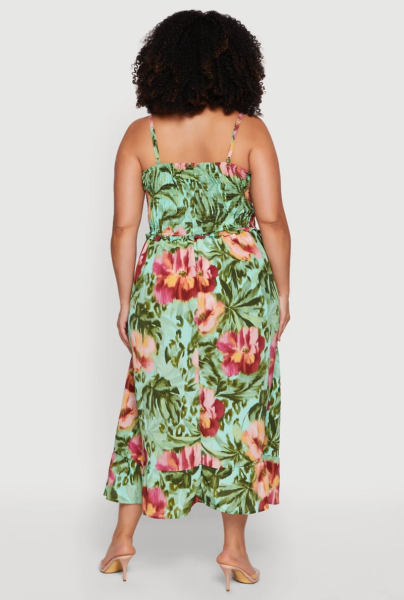 Plus Floral Print Smocked Maxi Sundress with Pockets