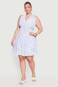 Plus Floral Print Smocked Waist Skater Dress with Shorts Lining