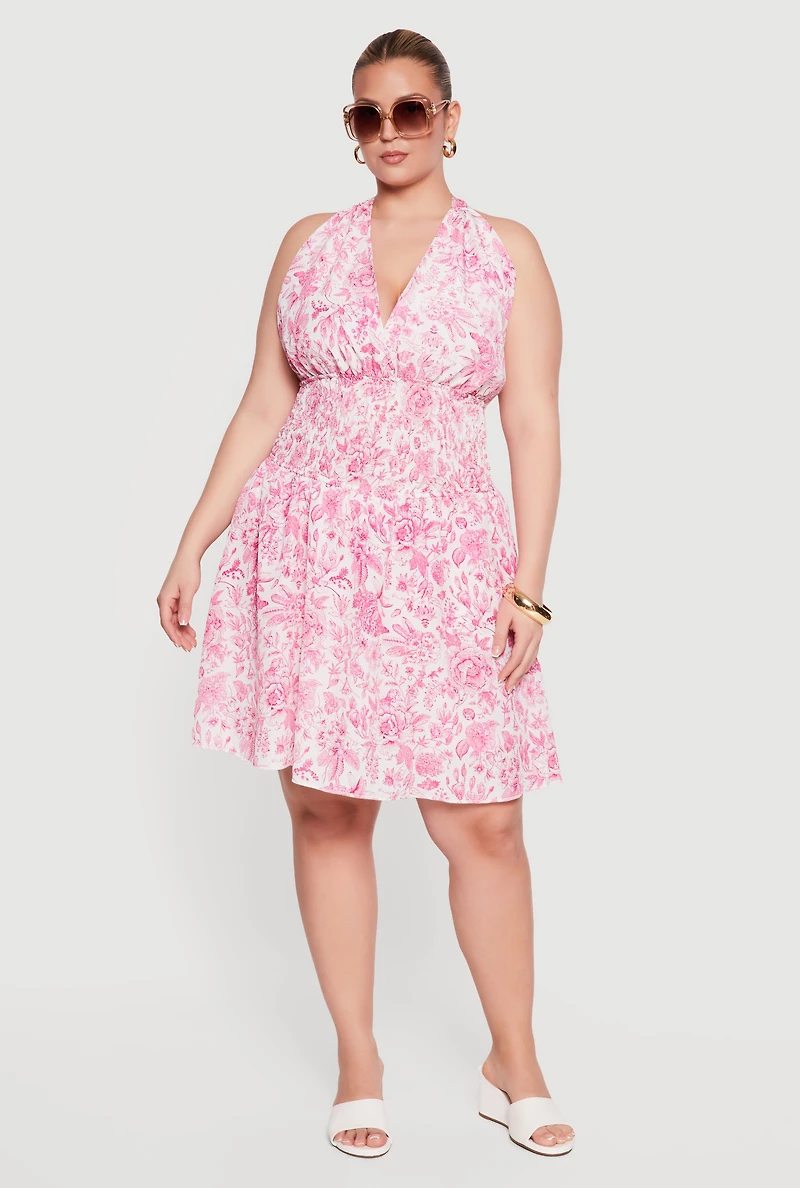 Plus Floral Print Smocked Waist Skater Dress with Shorts Lining