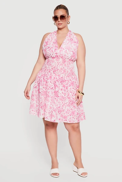 Plus Floral Print Smocked Waist Skater Dress with Shorts Lining