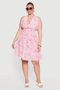 Plus Floral Print Smocked Waist Skater Dress with Shorts Lining