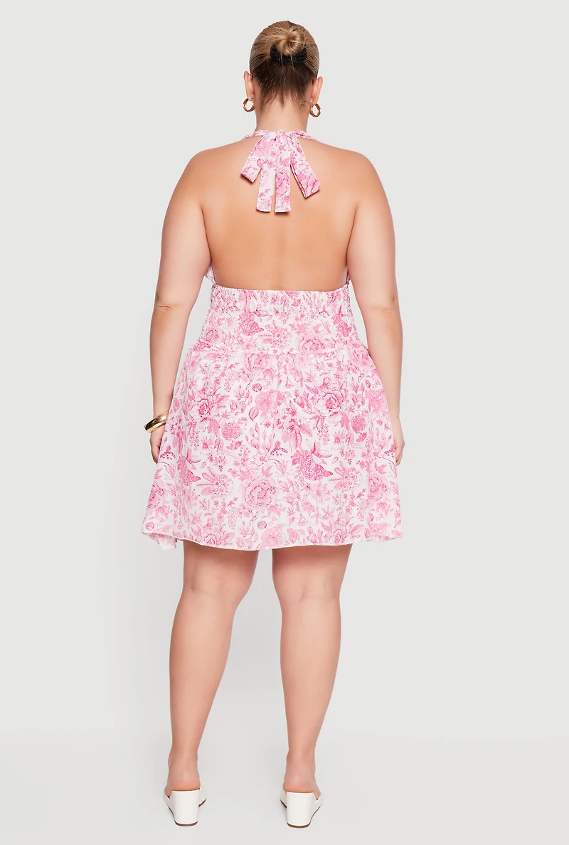 Plus Floral Print Smocked Waist Skater Dress with Shorts Lining