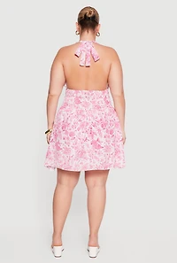Plus Floral Print Smocked Waist Skater Dress with Shorts Lining