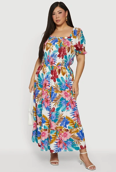Plus Floral Print Puff Sleeve Tiered Maxi Dress