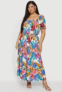 Plus Floral Print Puff Sleeve Tiered Maxi Dress