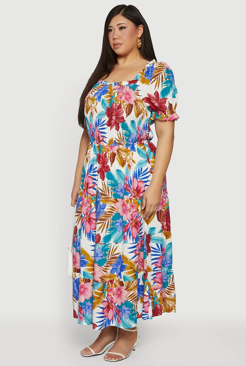 Plus Floral Print Puff Sleeve Tiered Maxi Dress