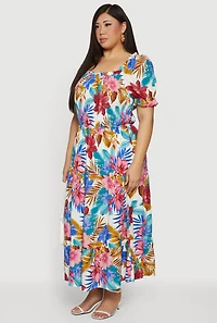 Plus Floral Print Puff Sleeve Tiered Maxi Dress