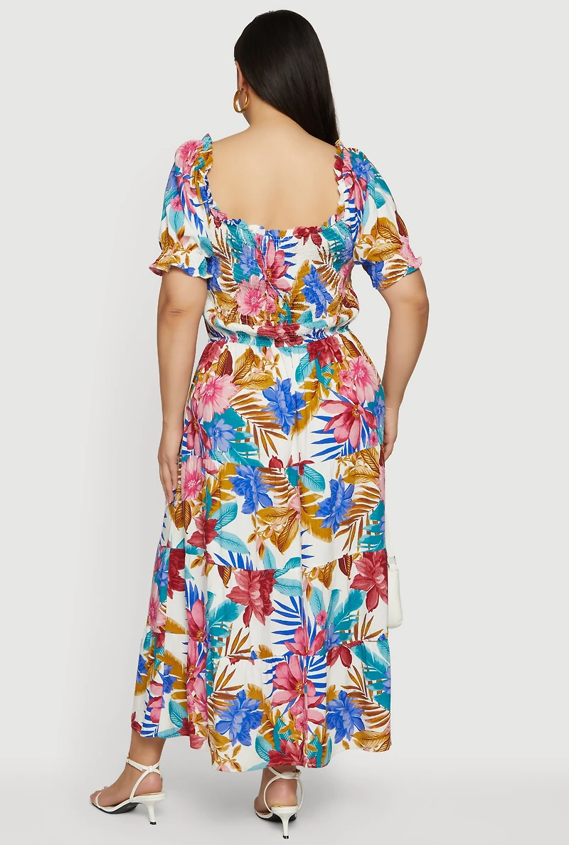 Plus Floral Print Puff Sleeve Tiered Maxi Dress