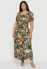 Plus Tropical Print Puff Sleeve Tiered Maxi Dress