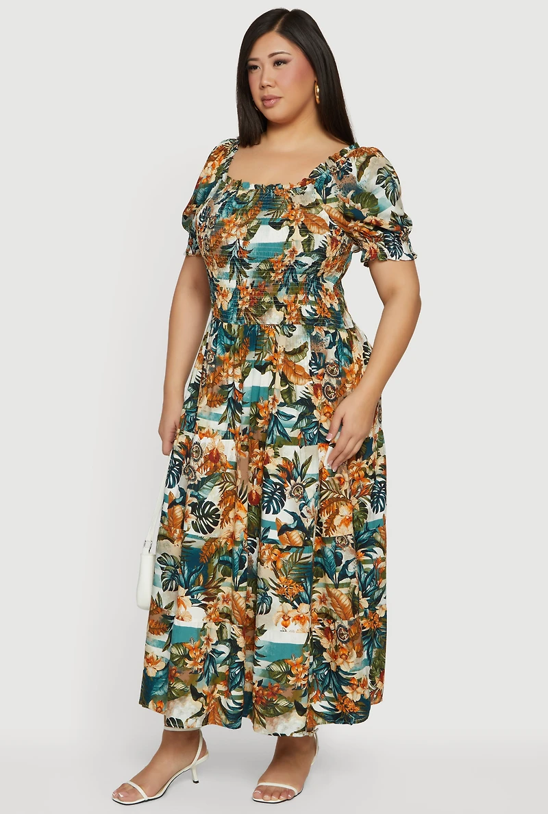 Plus Tropical Print Puff Sleeve Tiered Maxi Dress