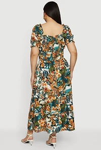 Plus Tropical Print Puff Sleeve Tiered Maxi Dress