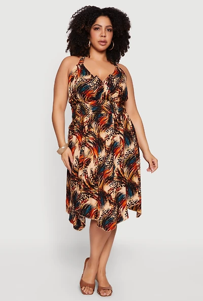 Plus Abstract Print Smocked Waist Halter Midi Dress