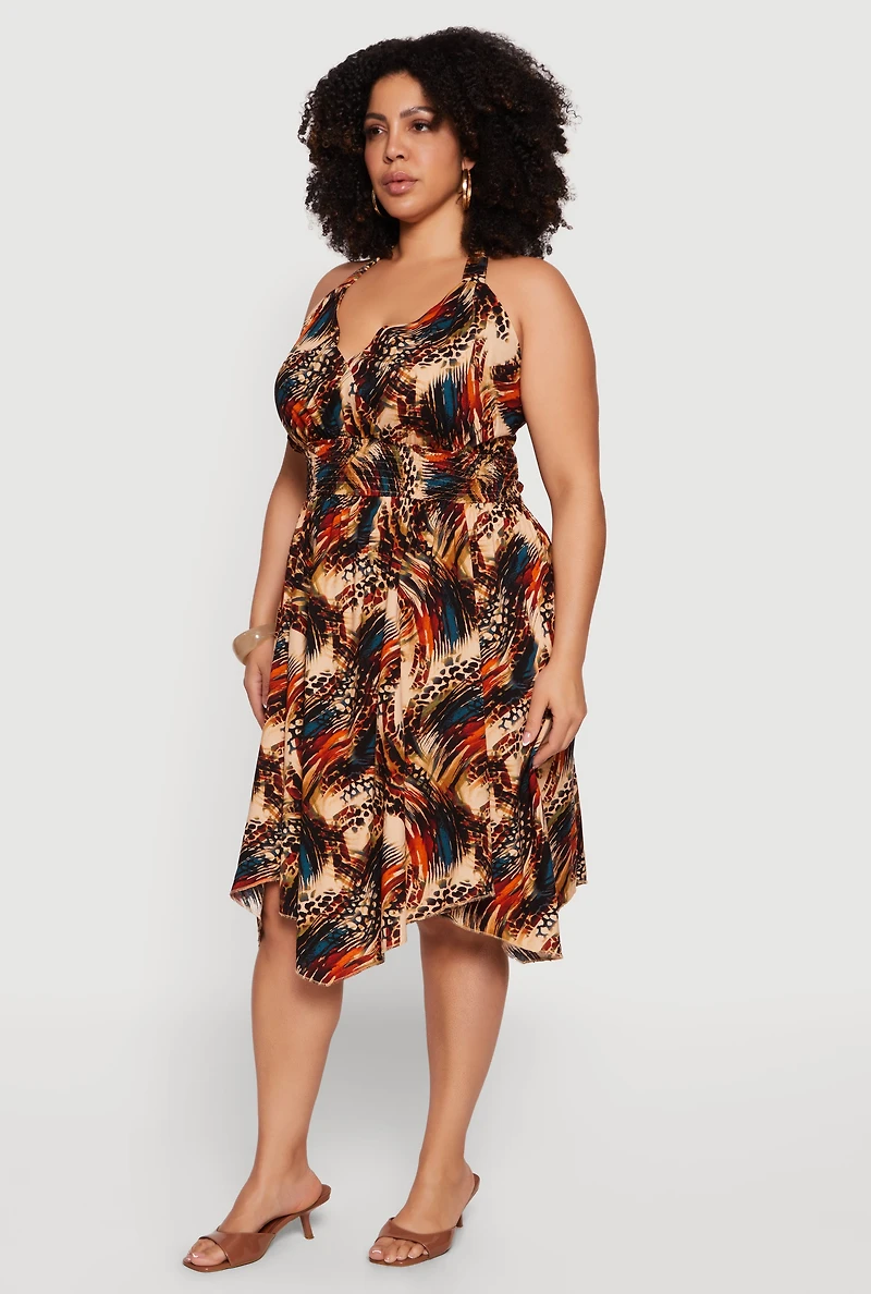 Plus Abstract Print Smocked Waist Halter Midi Dress