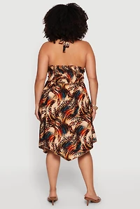 Plus Abstract Print Smocked Waist Halter Midi Dress