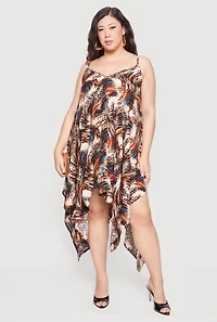 Plus Printed Pattern Sleeveless Handkerchief Hem Dress