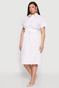 Plus Drawstring Waist Button Front Midi Dress