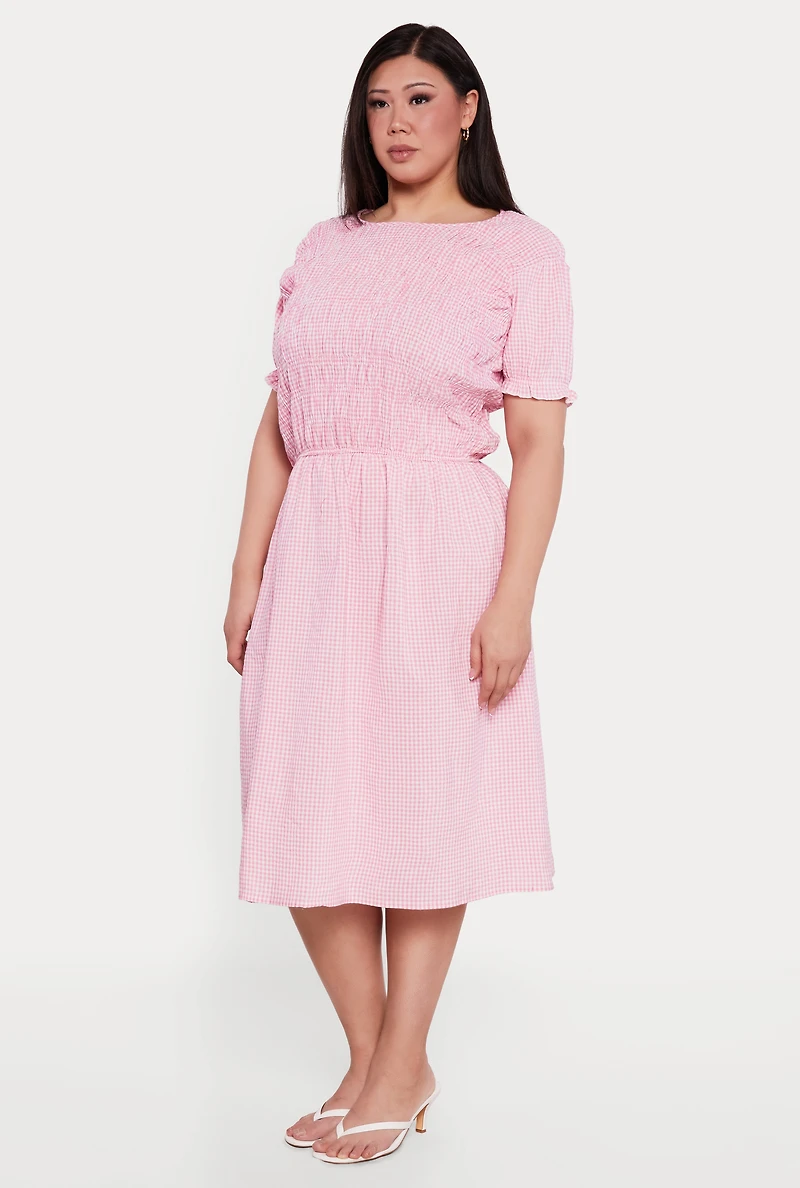 Plus Gingham Puff Sleeve Smocked Midi Dress