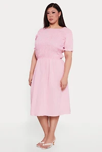 Plus Gingham Puff Sleeve Smocked Midi Dress