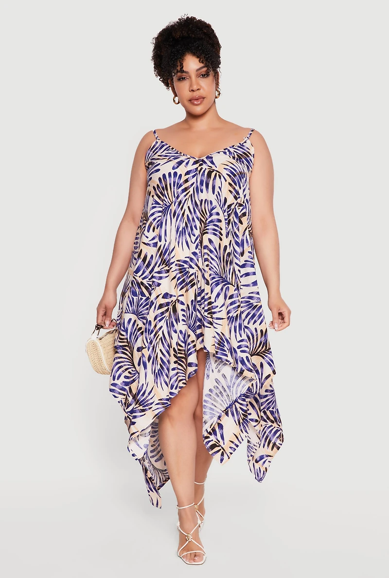 Plus Leaf Print Handkerchief Hem Dress
