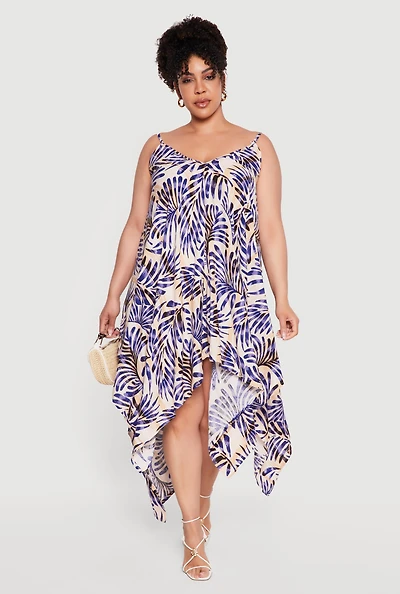 Plus Leaf Print Handkerchief Hem Dress