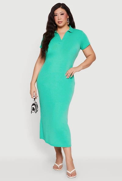 Plus Rib Knit Short Sleeve Maxi Polo Dress