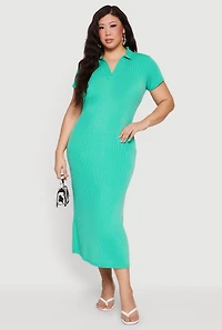 Plus Rib Knit Short Sleeve Maxi Polo Dress