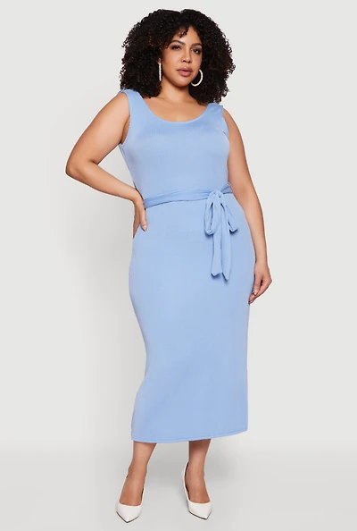 Plus Ribbed Knit Sleeveless Tie Waist Belted Dress