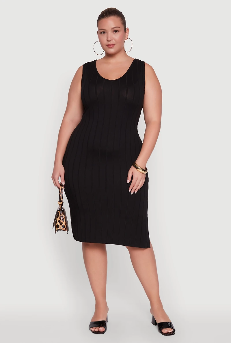 Womens Plus Ribbed Knit Scoop Neck Sleeveless Midi Dress, 2X