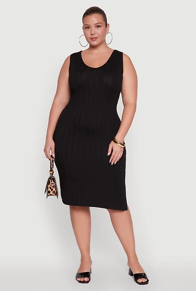 Womens Plus Ribbed Knit Scoop Neck Sleeveless Midi Dress, 2X