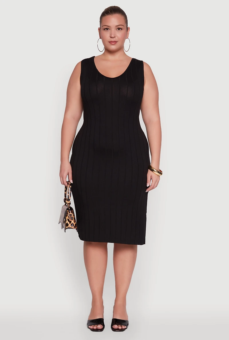 Womens Plus Ribbed Knit Scoop Neck Sleeveless Midi Dress, Black,