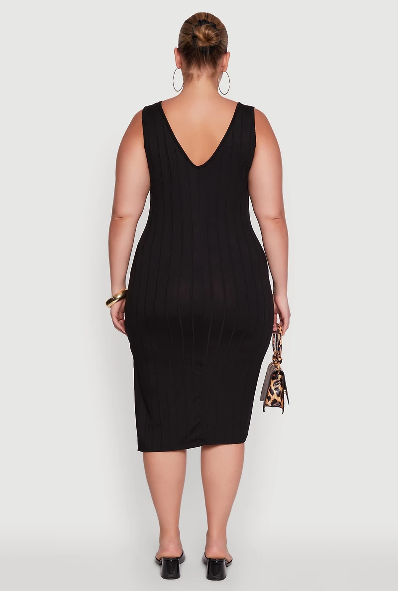 Womens Plus Ribbed Knit Scoop Neck Sleeveless Midi Dress, Black,