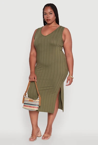 Womens Plus Size Ribbed Knit Scoop Neck Sleeveless Midi Dress, Green, Size 2X