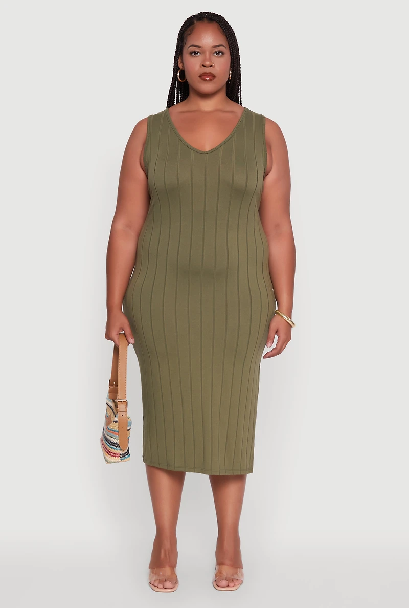 Womens Plus Size Ribbed Knit Scoop Neck Sleeveless Midi Dress, Green, Size 2X