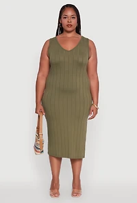 Womens Plus Size Ribbed Knit Scoop Neck Sleeveless Midi Dress, Green, Size 2X