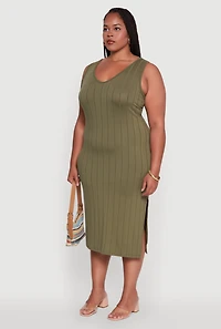 Womens Plus Size Ribbed Knit Scoop Neck Sleeveless Midi Dress, Green, Size 2X