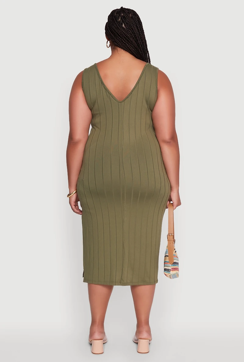 Womens Plus Size Ribbed Knit Scoop Neck Sleeveless Midi Dress, Green, Size 2X